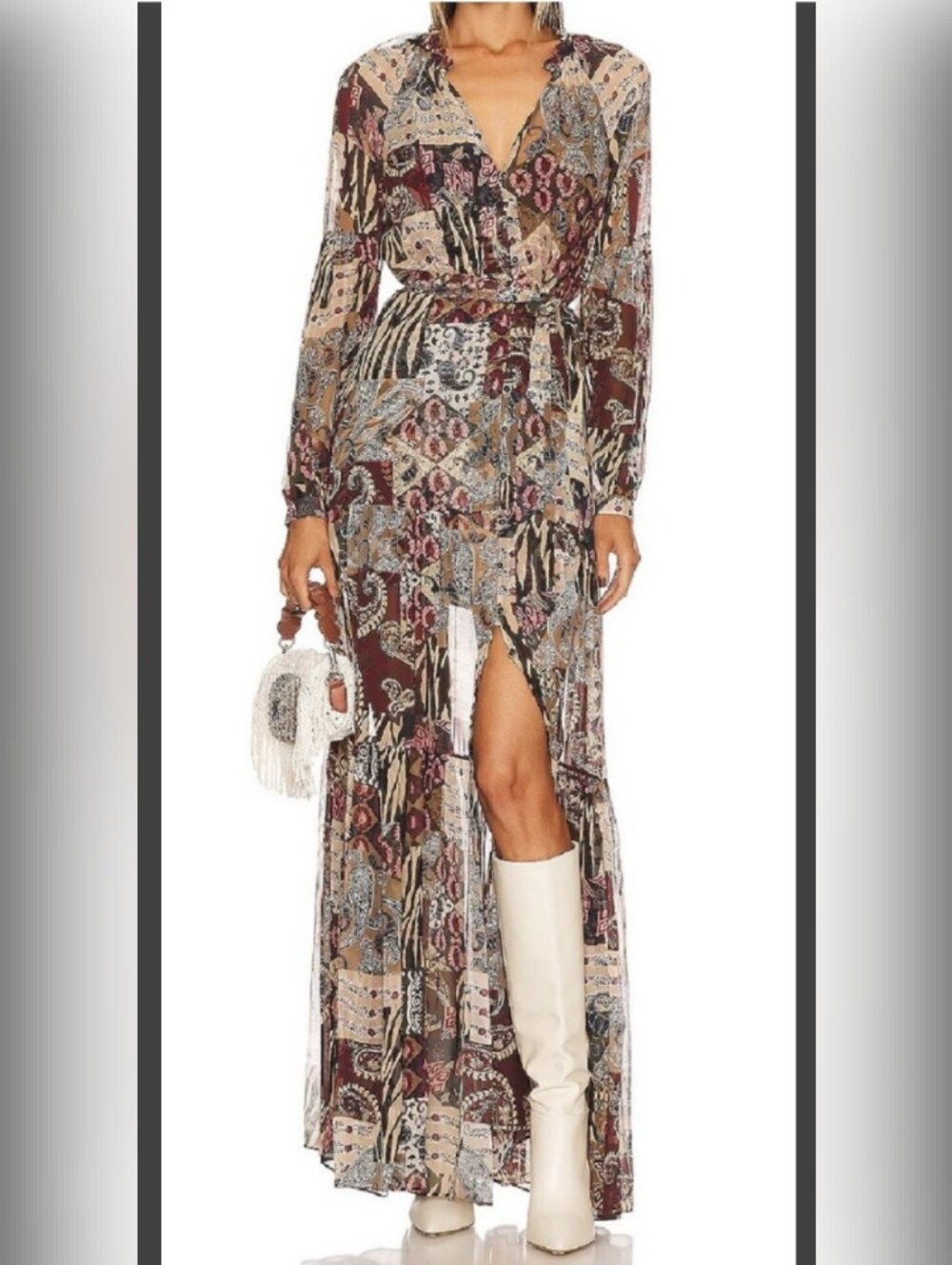 Veronica Beard Silk Bohemian Patchwork Maxi Dress in Burgundy